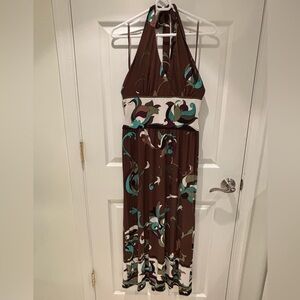 Brown Halter Maxi Dress with Teal Floral Print